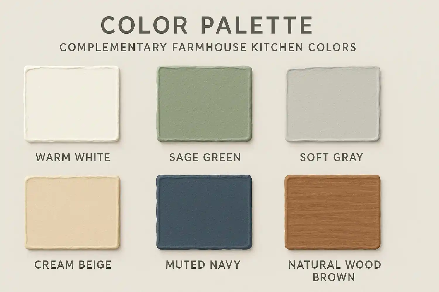 Color palette board showing complementary farmhouse kitchen colors with paint swatches
